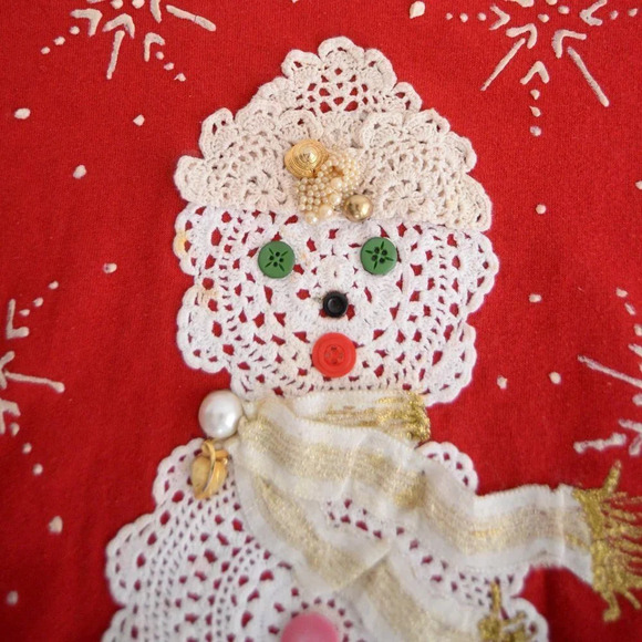 Vintage Jerzees Red Snowman Lace & Buttons &  Snowflakes Crewneck Sweater 2X - Picture 10 of 14